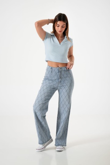 A25R05 Jean wide leg elastizado rombos strass