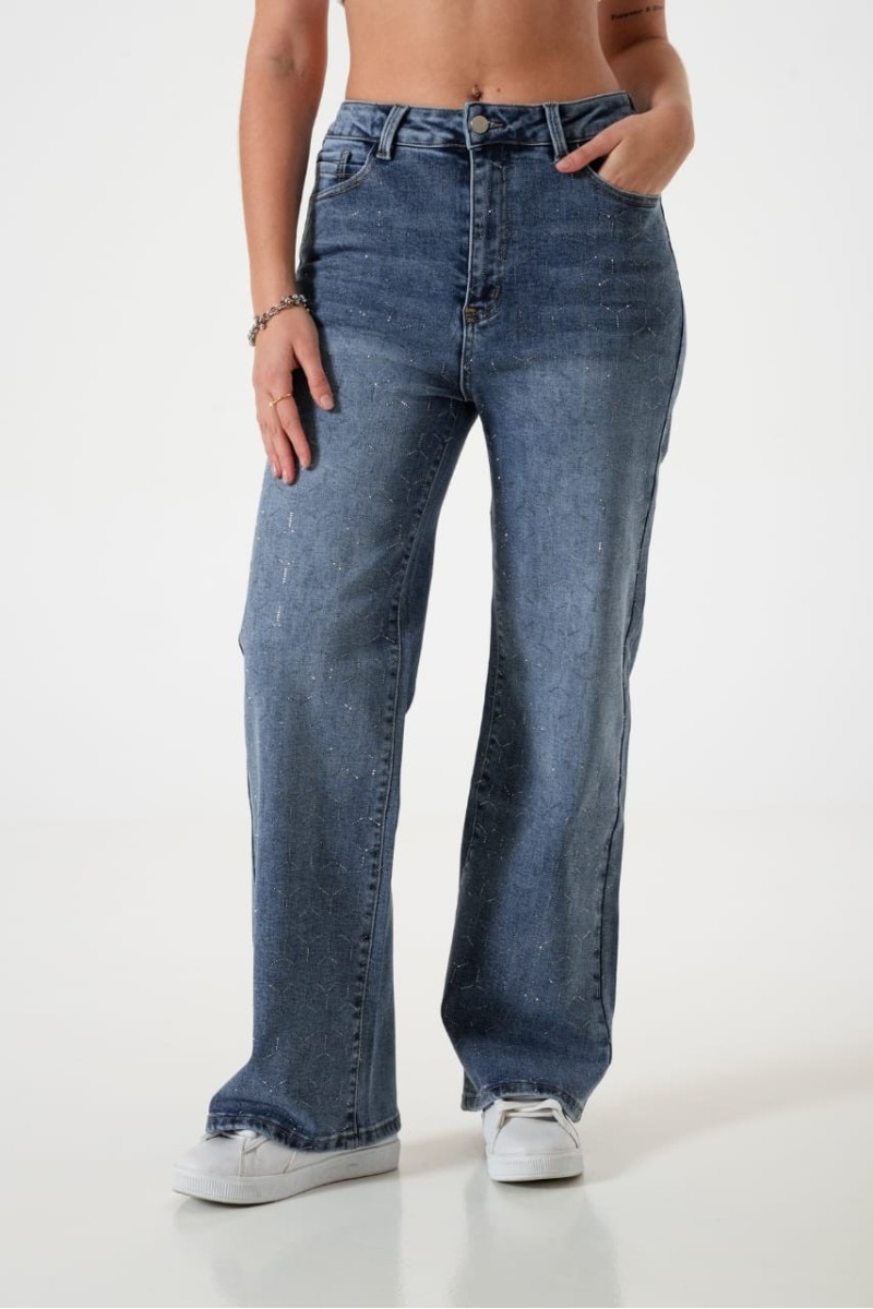 Jean wide leg importado con strass para mujer
