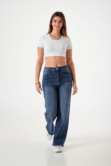 art. A25R09 Jean wide leg elastizado con strass