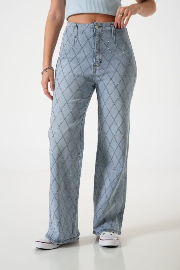 A25R05 Jean wide leg elastizado rombos strass