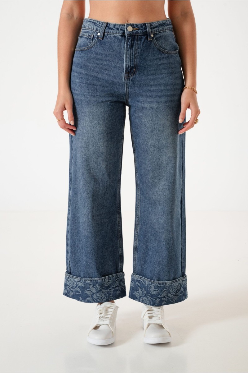 LY-015 Jean wide leg rigido bordado