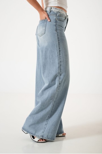 LY-072 Jean maxi wide leg rigido con puntilla